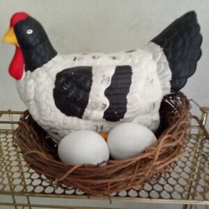 Charming Black and White Hen Figurine with Nest
